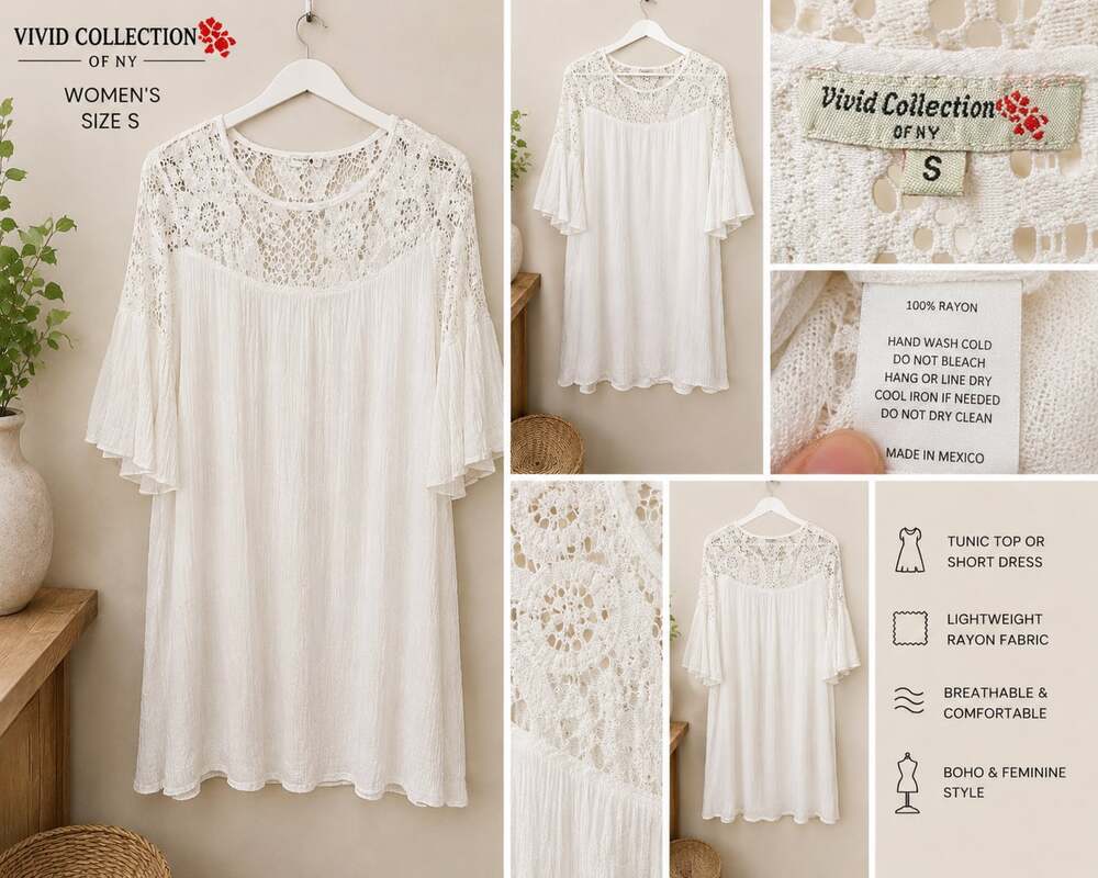 Vivid Collection of NY Women's White Lace Yoke Short Sleeve Boho Tunic Dress